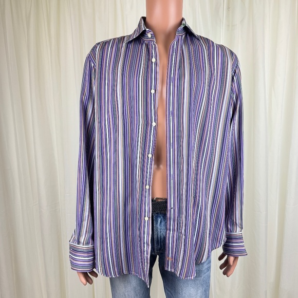 Men’s Thomas Dean Long Sleeve Stripe Dress Shirt Large - Picture 5 of 13